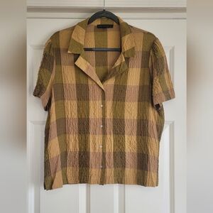 Jane + Delancey Mustard & Brown Gingham Plaid Gauzy Camp Shirt - Size L